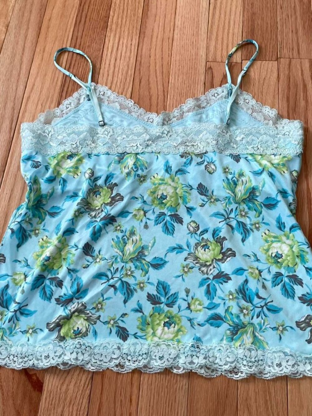 Vintage Blue Floral Silky Satin Lace Trim Cami Top Large Coquette Babydoll - Picture 8 of 8